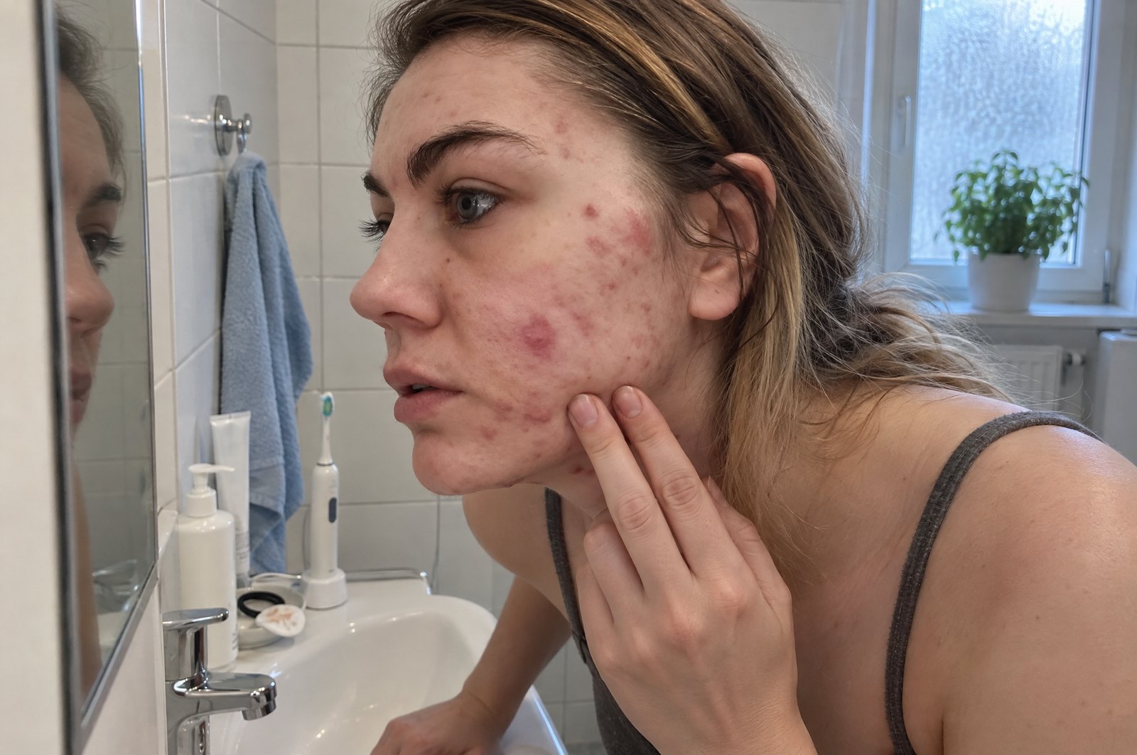 Frau betrachtet morgens ihre Pickel im Spiegel