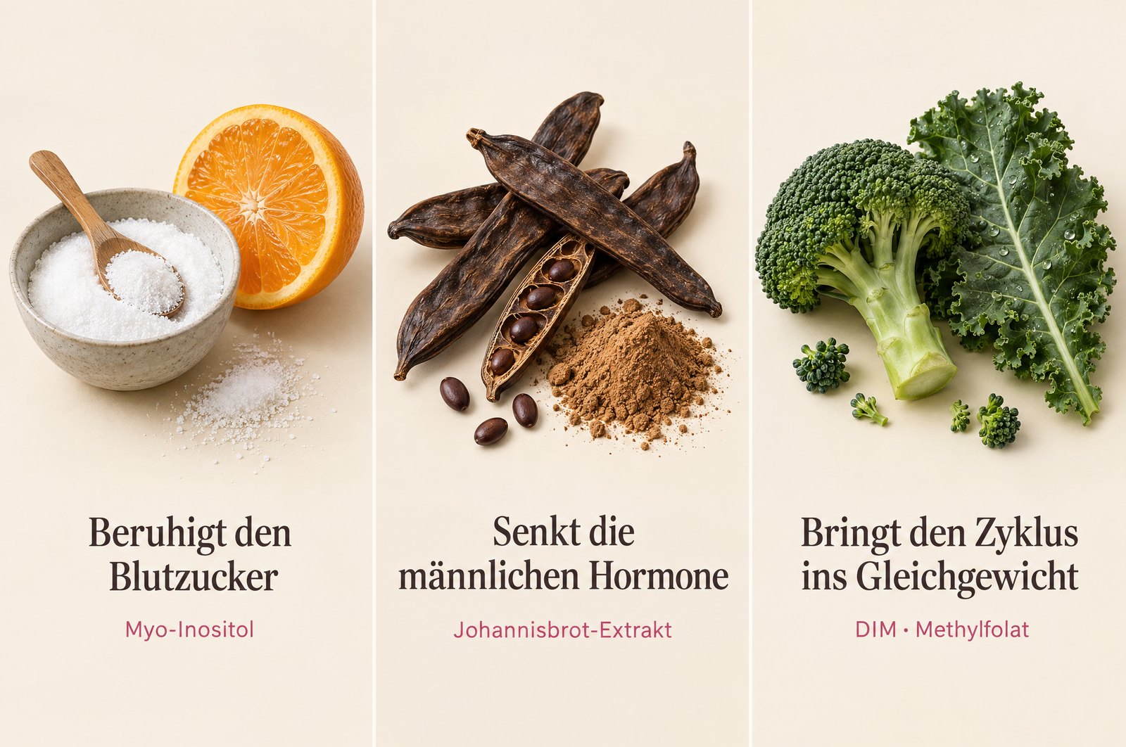Myo-Inositol, Johannisbrot-Extrakt, DIM und Methylfolat