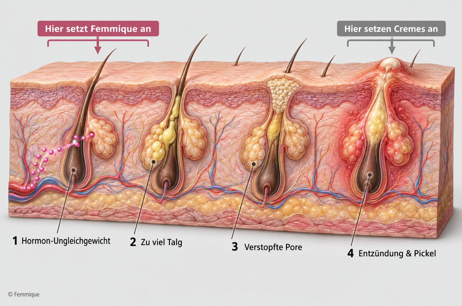 So entsteht ein hormoneller Pickel: Hier setzt Femmique an, hier setzen Cremes an